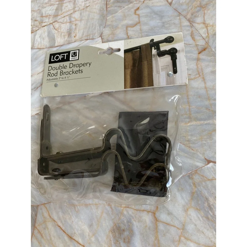 Umbra Loft Double Drapery Rod Brackets Aged Brass Adjustable 3 to 4.5 Inch Set 2